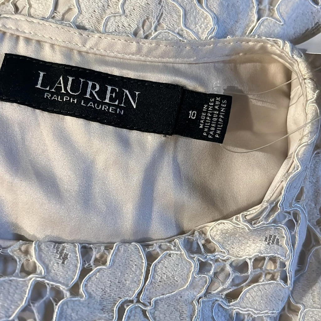 Lauren Ralph Lauren Puff-Sleeve Lace Cocktail Dress in Cream Size 10 NWT $225