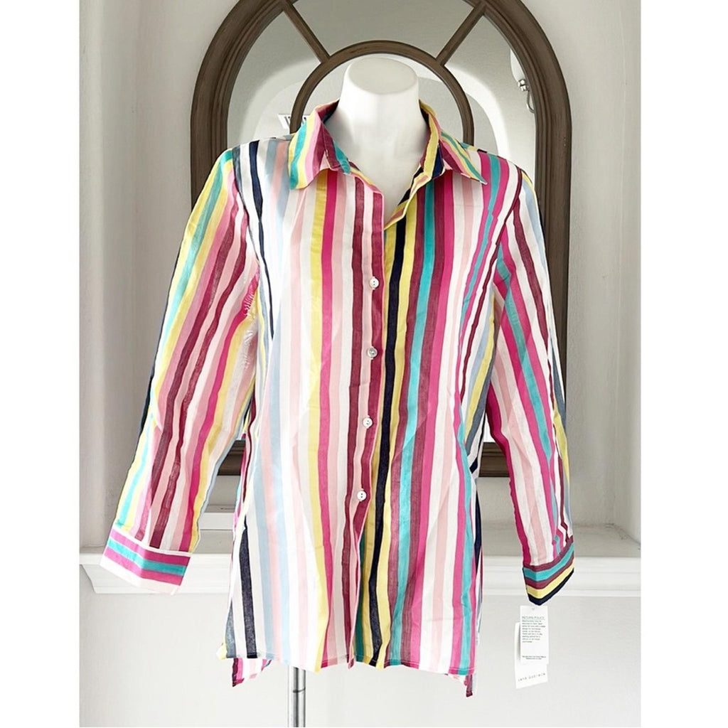 Lena Gabrielle Linen-Blend Summer Stripe Shirt, Size XL New w/Tag $120
