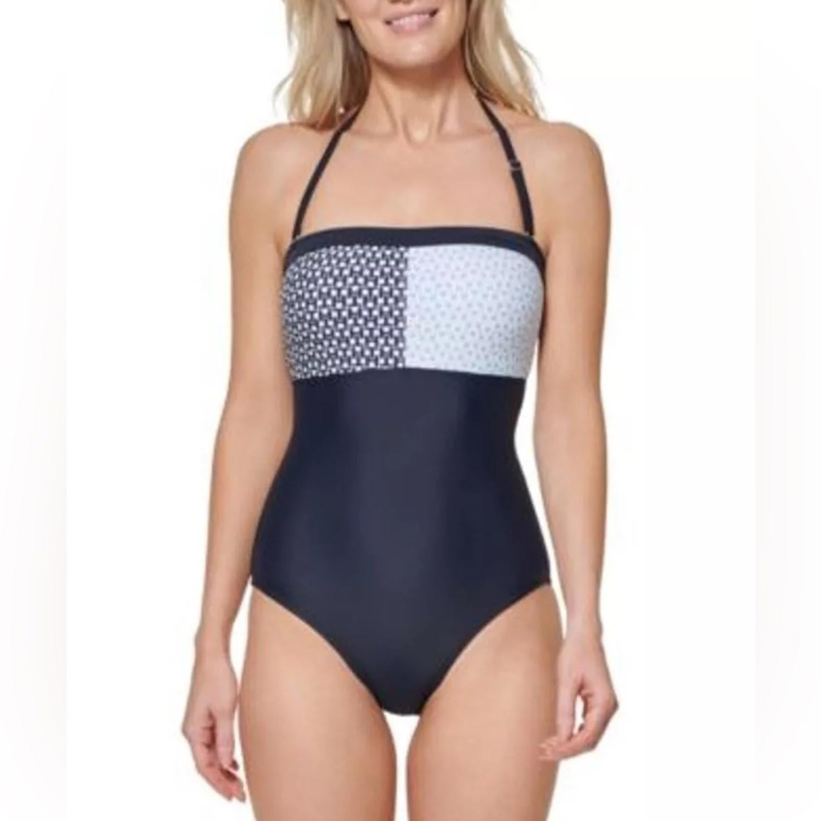 Tommy Hilfiger Iconic Bandeau One-Piece Swimsuit in Sky Captain Multi Size L NWT