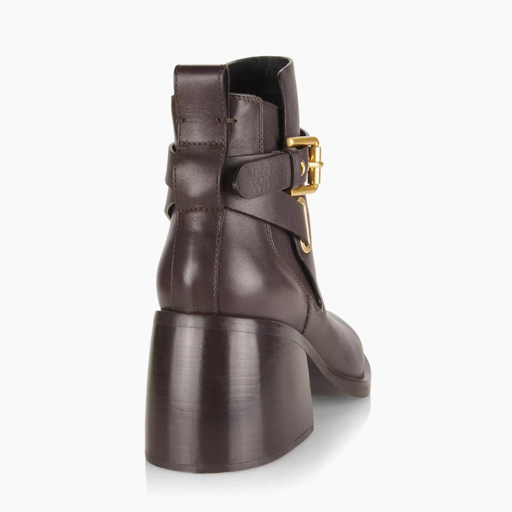 See by Chloé Dark Brown Calf Averi Block Heel Leather Bootie, Size 41 w/DustBag