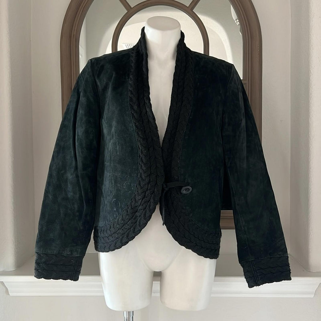 Coldwater Creek Black Suede Leather Jacket Cable Knit, Size M EXCELLENT!