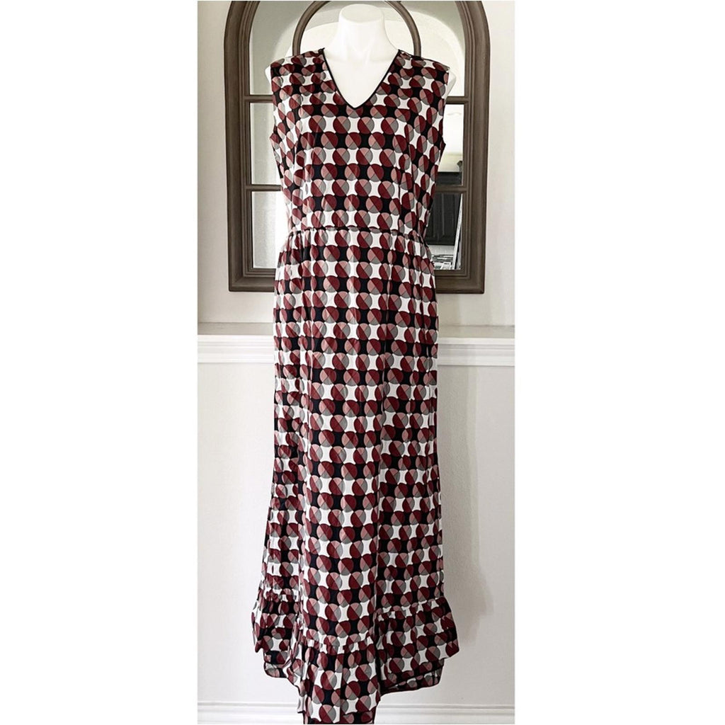 MARNI Geometric Print Tiered Dress w/Pockets & Leather Trim, Size 40 EXCELLENT!