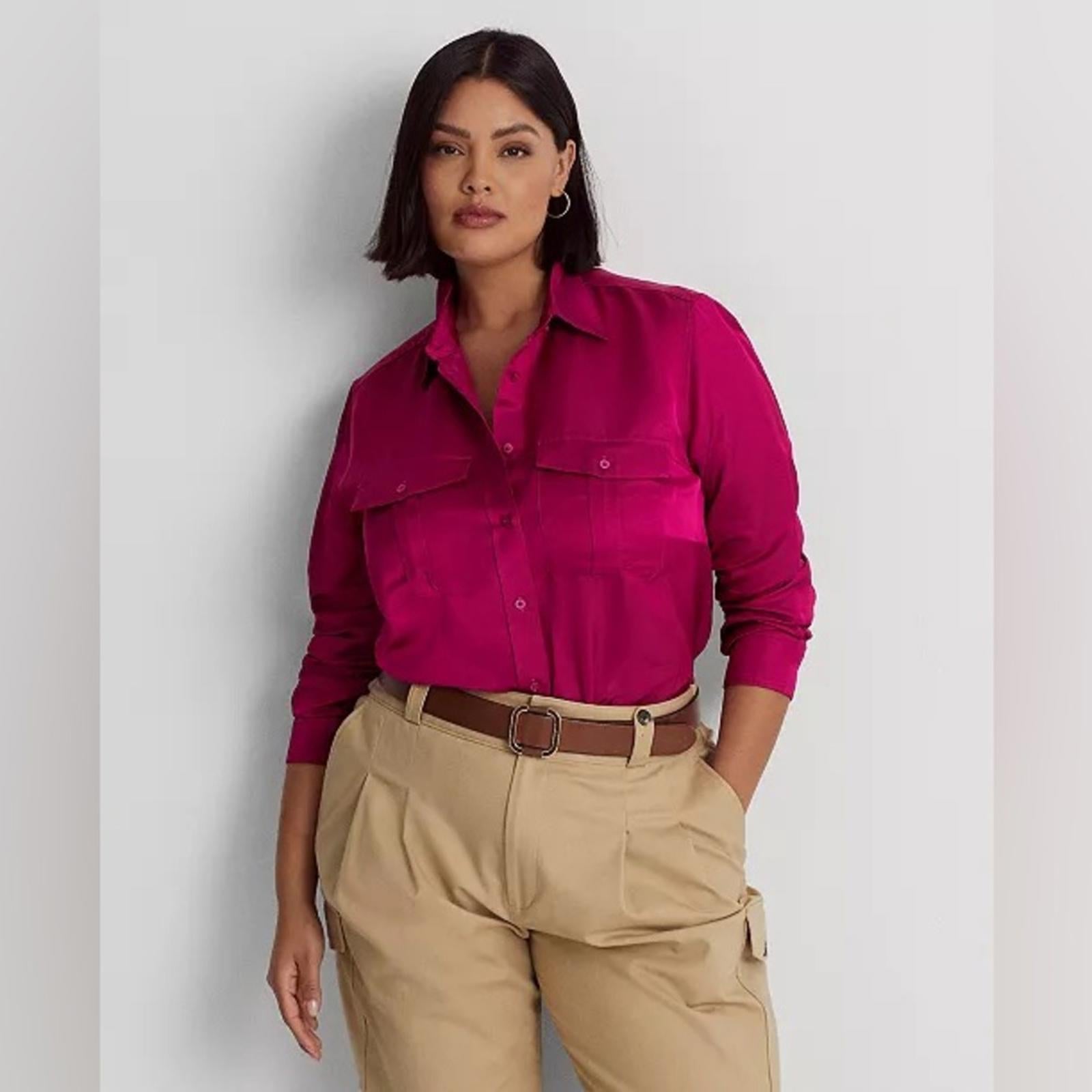Lauren Ralph Lauren Satin Long Sleeve Buttoned Top in Fuchsia, Plus Size 1X NWT