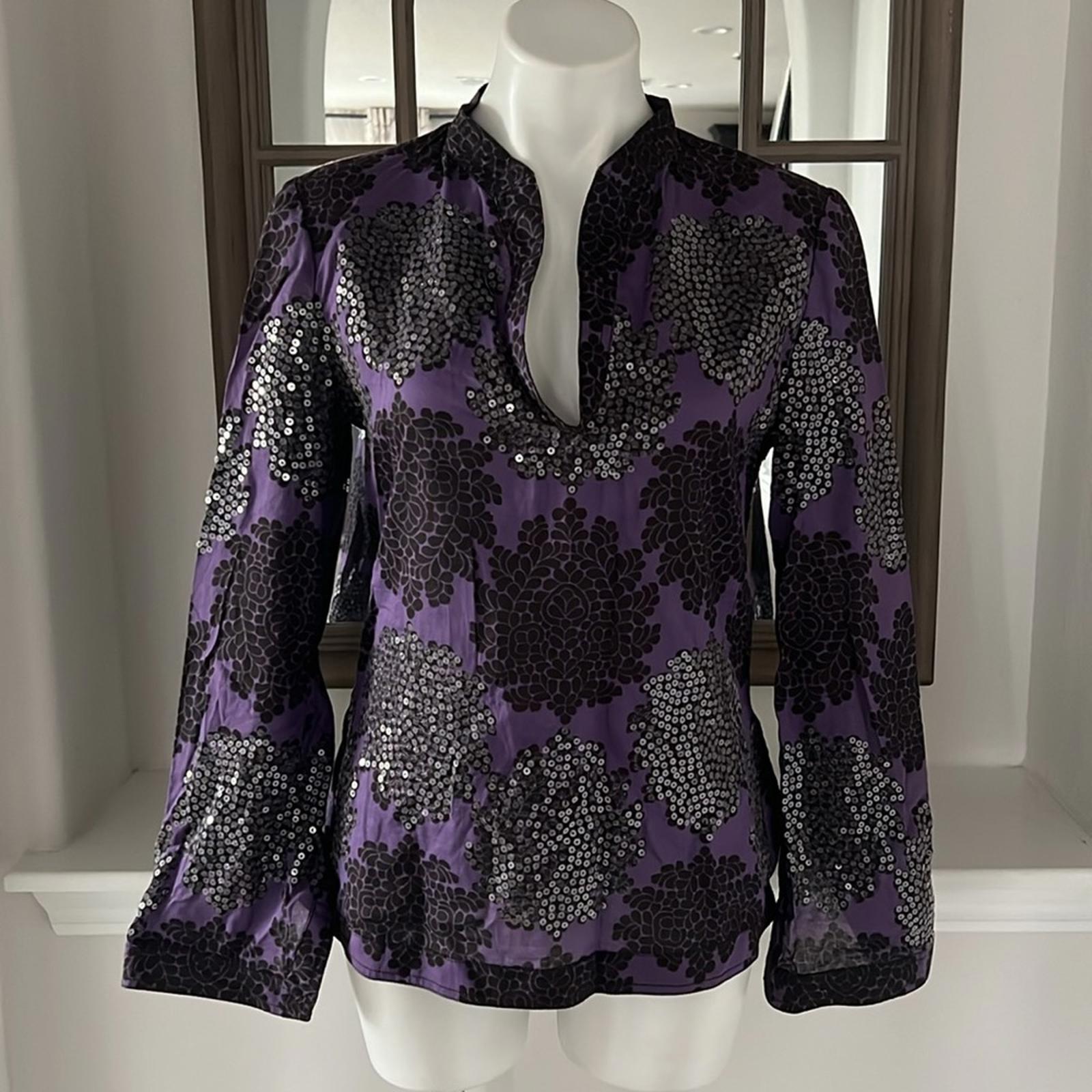 Tory Burch Black Flowers Blouse, Tunic in Purple Grey Size 8