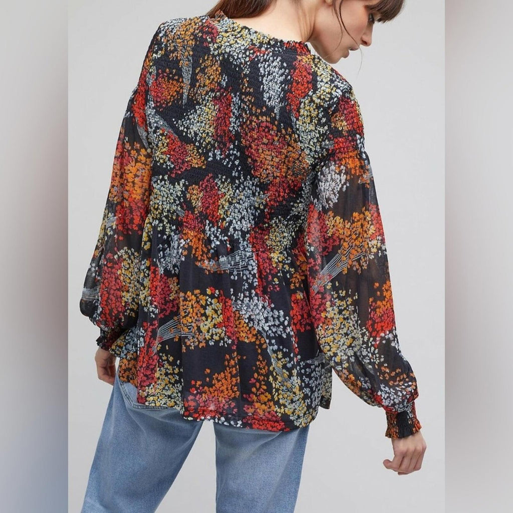 Anthropologie Akemi + Kin Balloon Sleeve Floral Chiffon Smocked Top Size S