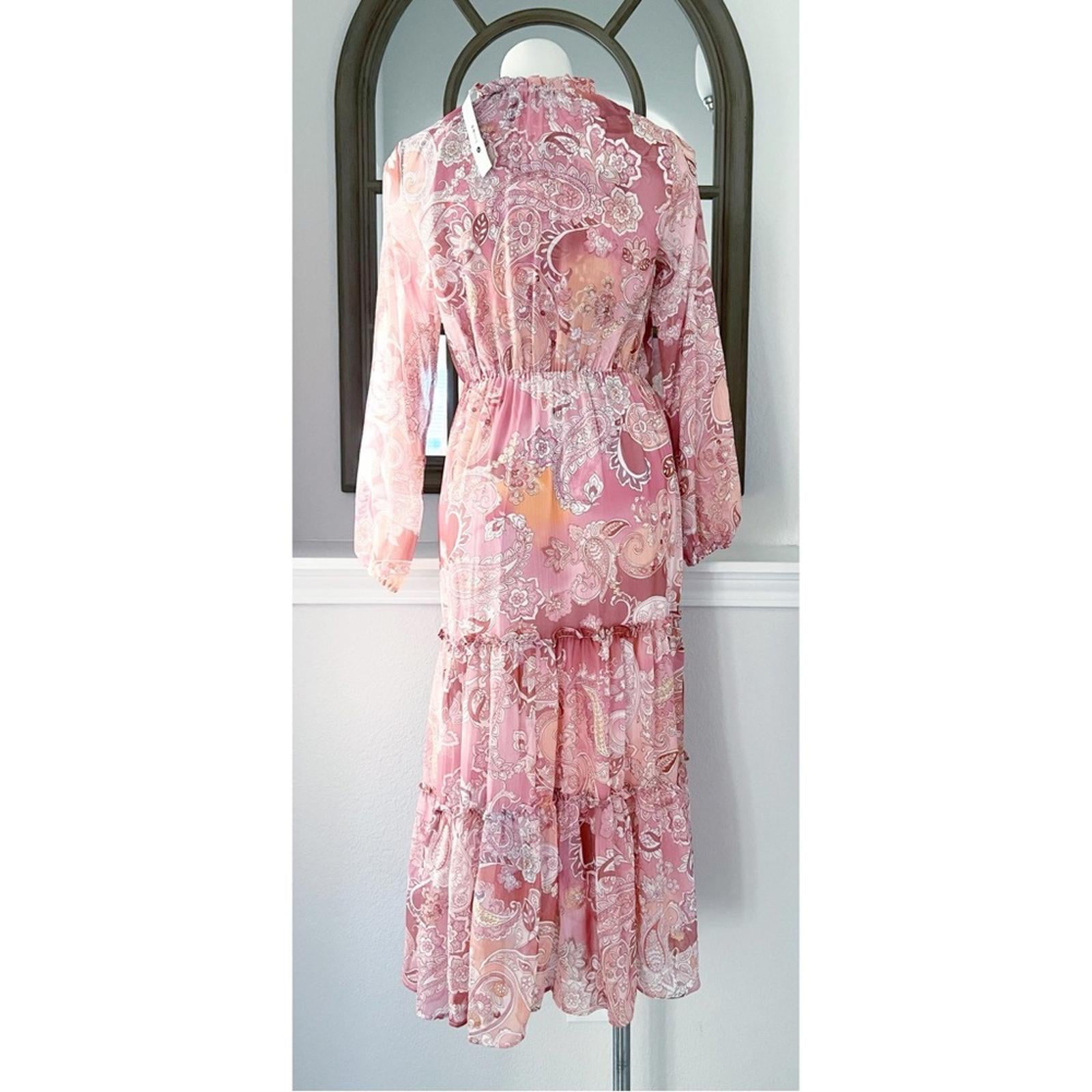 Aqua Chiffon Printed Tiered Maxi Dress, Pink Multi Size S New w/Tag Retail $118