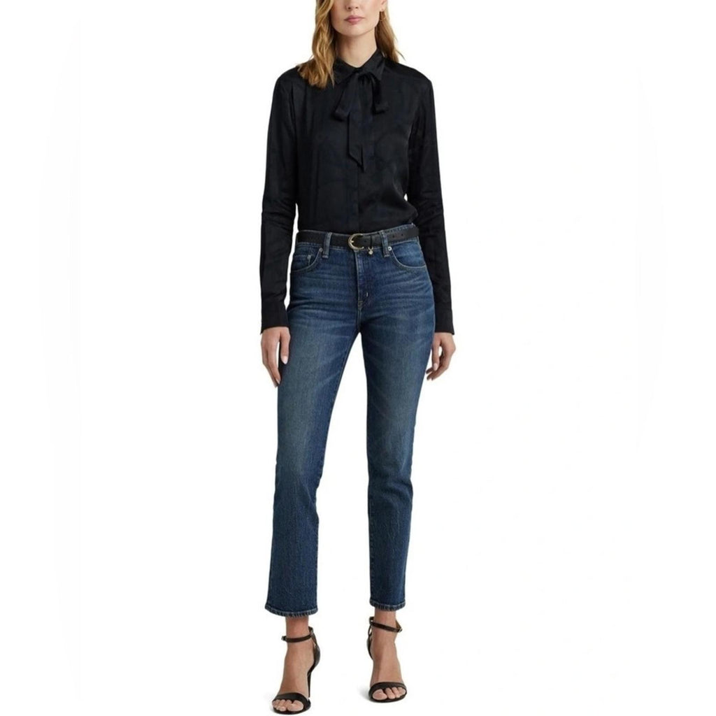 Lauren Ralph Lauren Belting-Motif Jacquard Tie-Neck Shirt Black Size XS NEW wTag