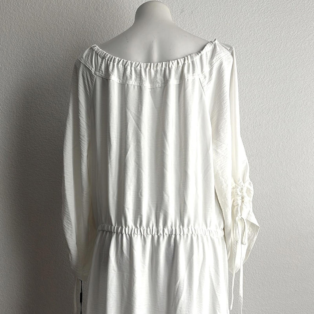 Calvin Klein Off-The-Shoulder Blouson Maxi Dress in Cream White, NWT, Size 18