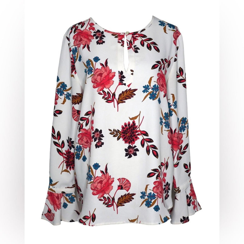 NEW Ann Taylor LOFT White Floral Print Blouse, Keyhole Bell Sleeve Size XS NWOT