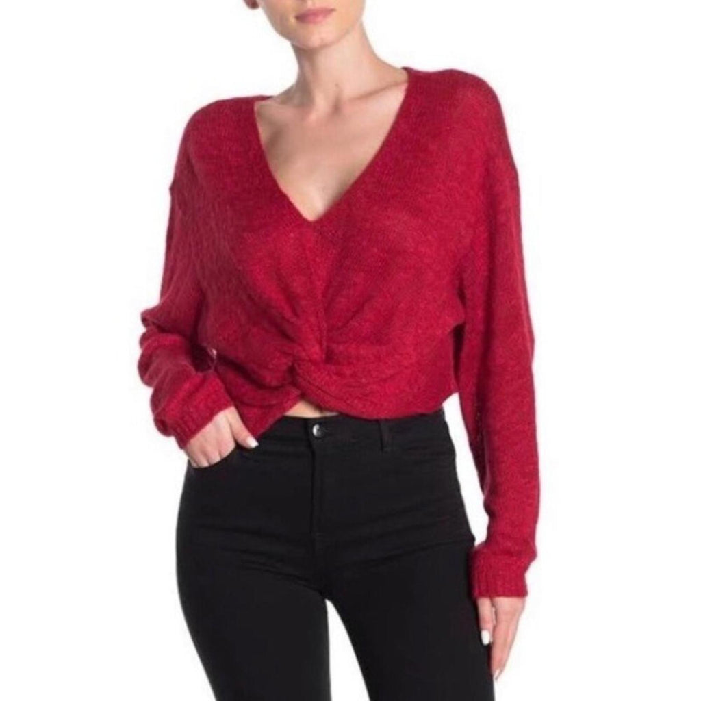 BCBG Twist Tie Sweater V-Neck Cropped in Red, Size XL New w/Tag