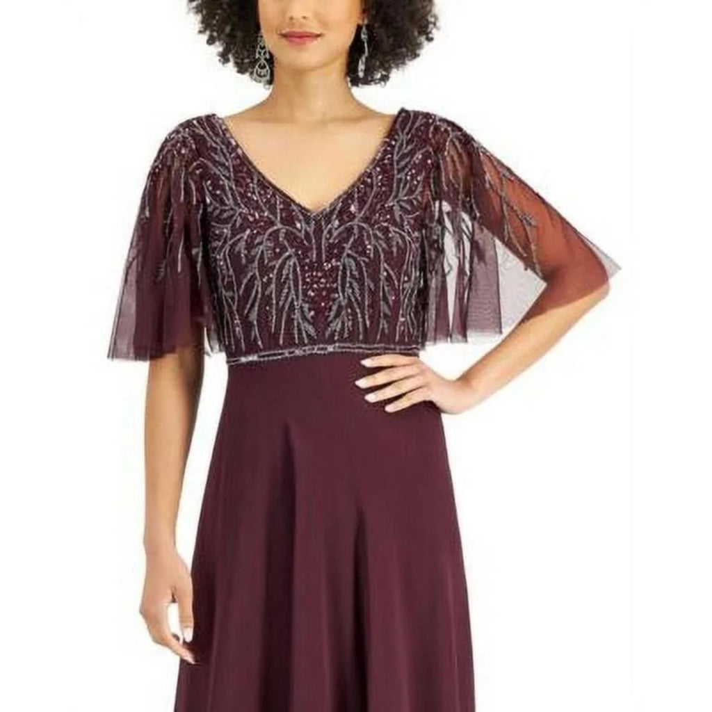 JKara Flutter Sleeve V-Neck Full-Length Dress, Burgundy Size 12 New w/Tag $319
