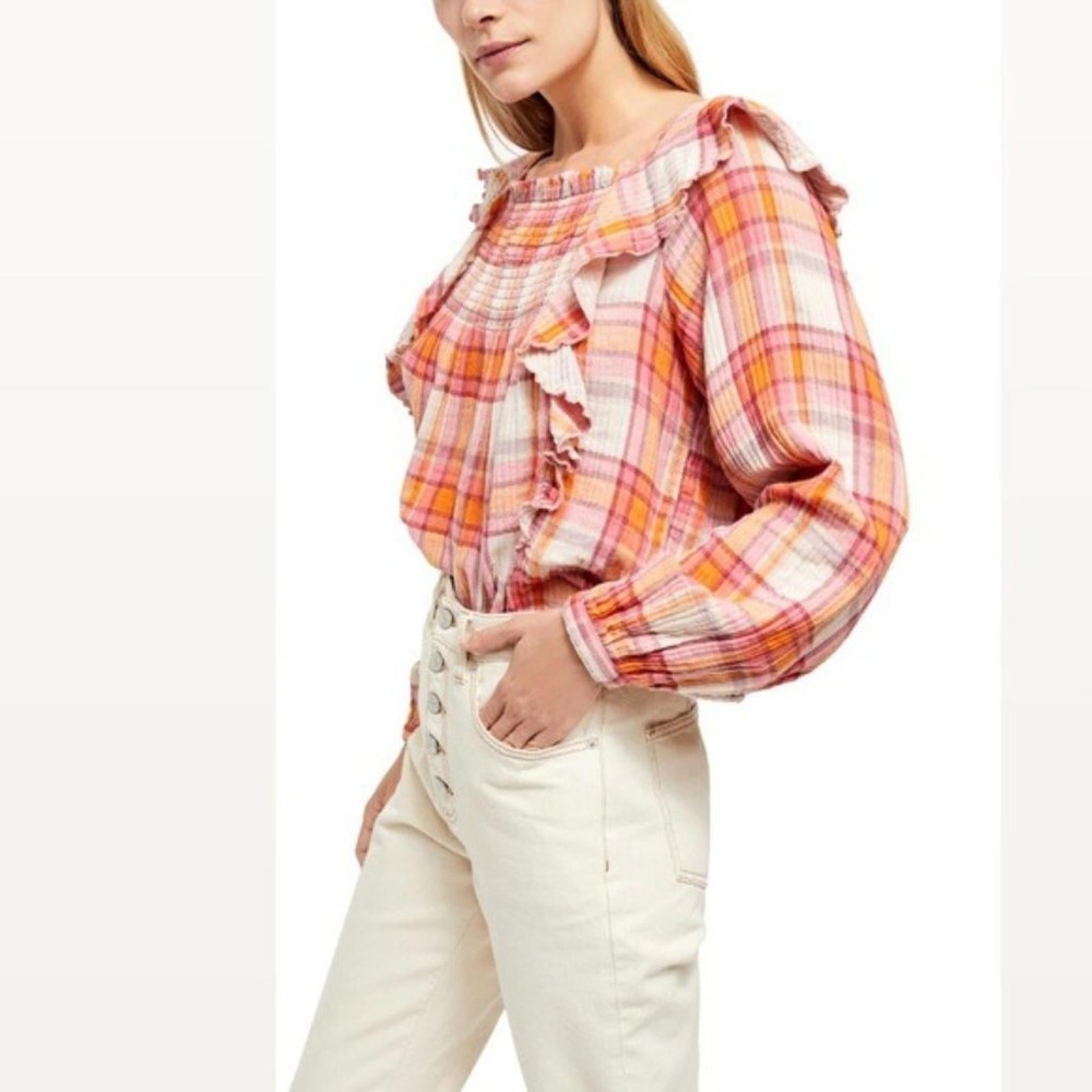Free People Siena Plaid Long Sleeve Ruffle Top Cotton Size XS New w/Tag