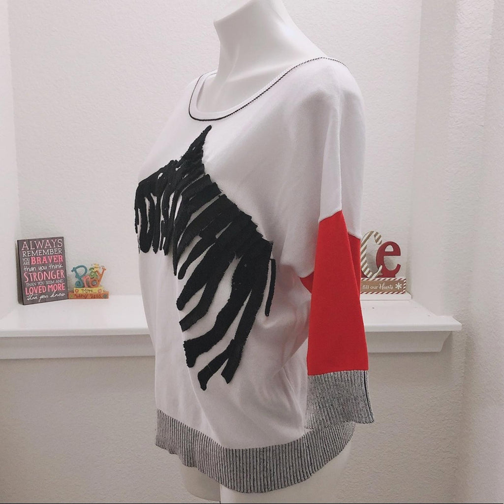 Gabby Isabella Zebra Fringe Sweater in White / Black Size XL New w/Tag