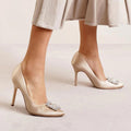 Badgley Mischka NUDE 110mm Crystal-Embellished Satin Buckle Pumps, Size 8 NEW