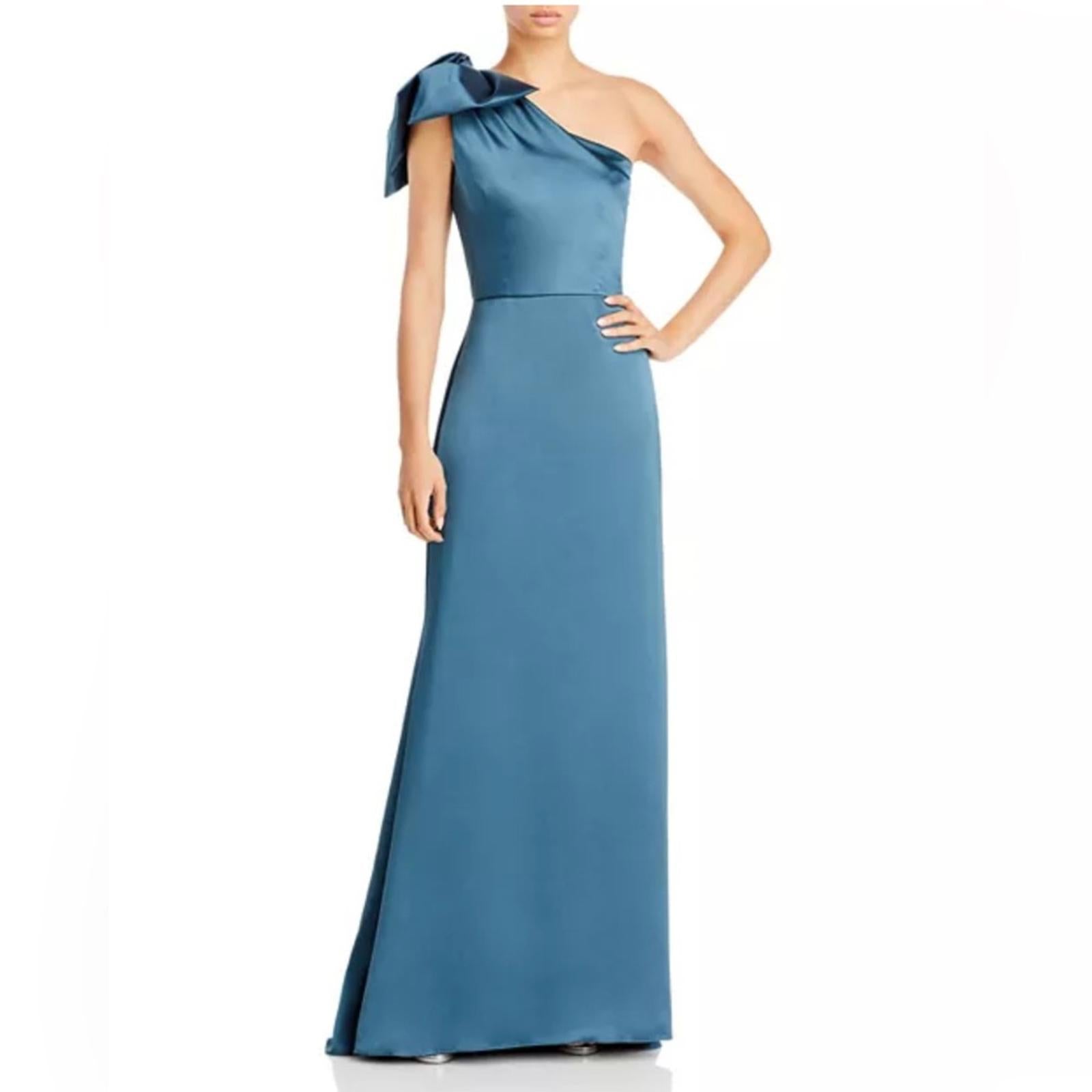 Amsale One-Shoulder Fluid Satin A-Line Gown in Petrol Green, Size 6, NEW