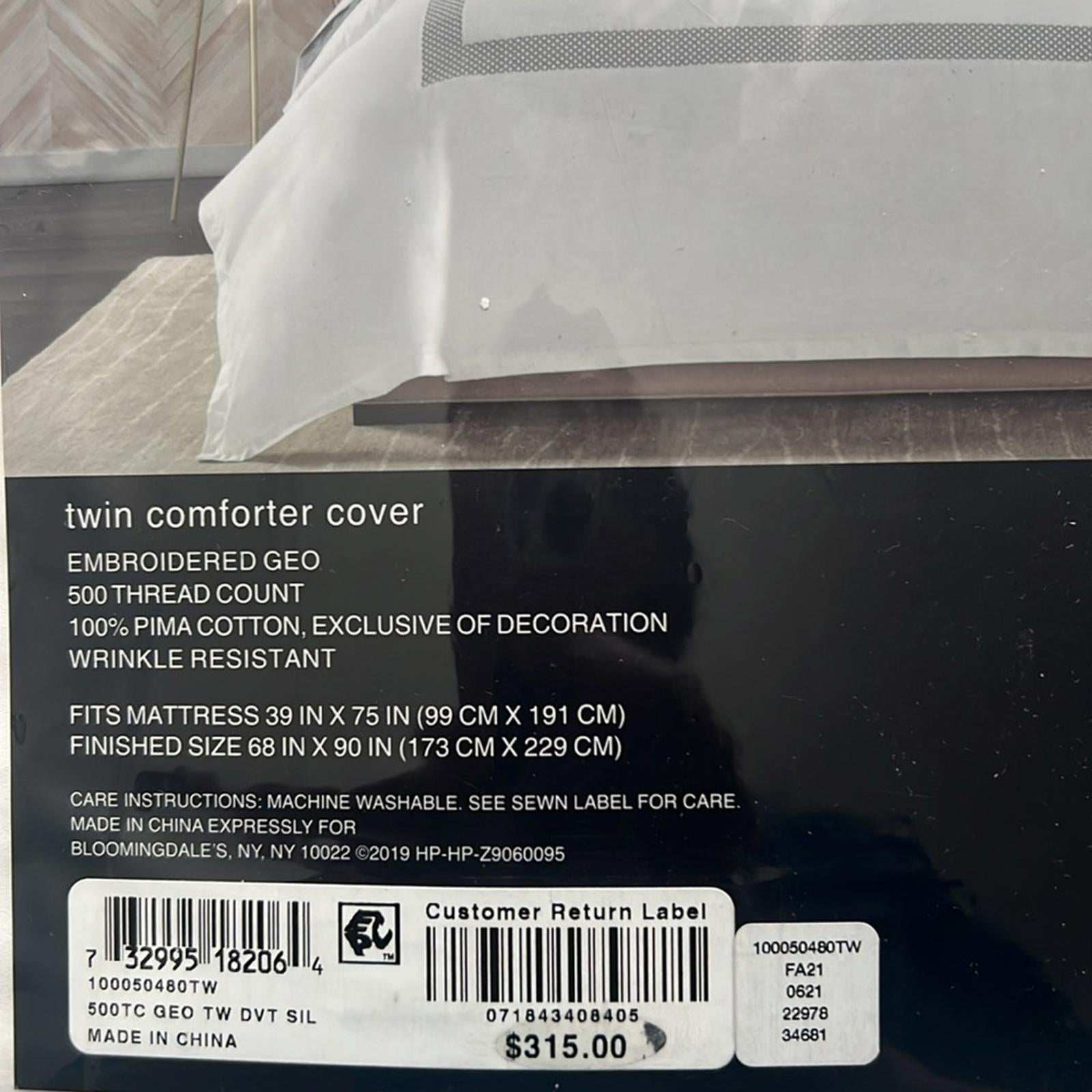 Hudson Park Collection Silver 500TC Embroidered Geo Duvet Cover, Twin NEW in Box