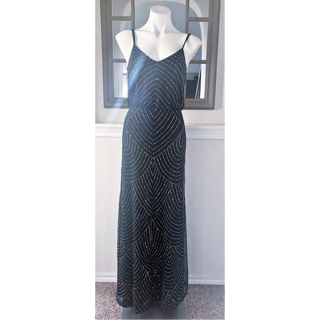 Adrianna Papell Art Deco Beaded Blouson Gown, Navy w/Silver Sequins Size 4