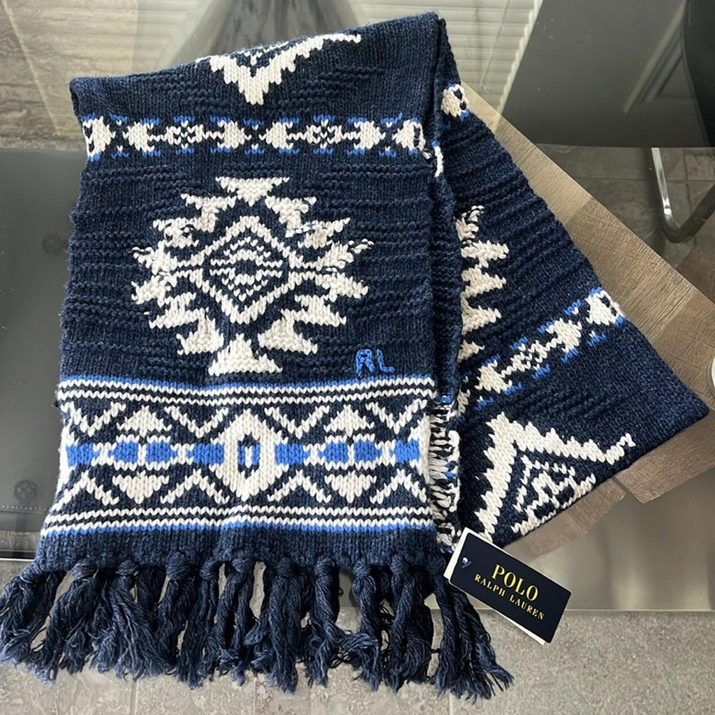 Polo Ralph Lauren Wool & Nylon Geometric Ski Scarf, Navy One Size New with Tag
