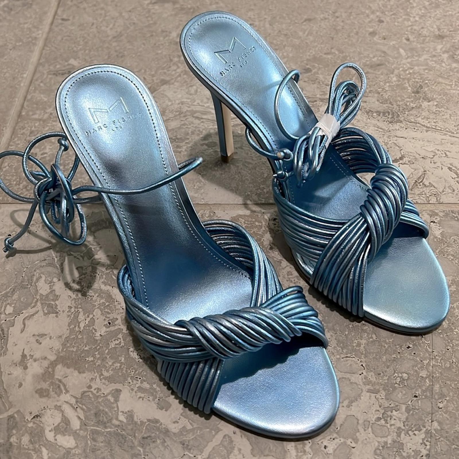 Marc Fisher LTD Brista Metallic Twist Ankle Tie Sandals Lt Blue, NWT, Size 7.5