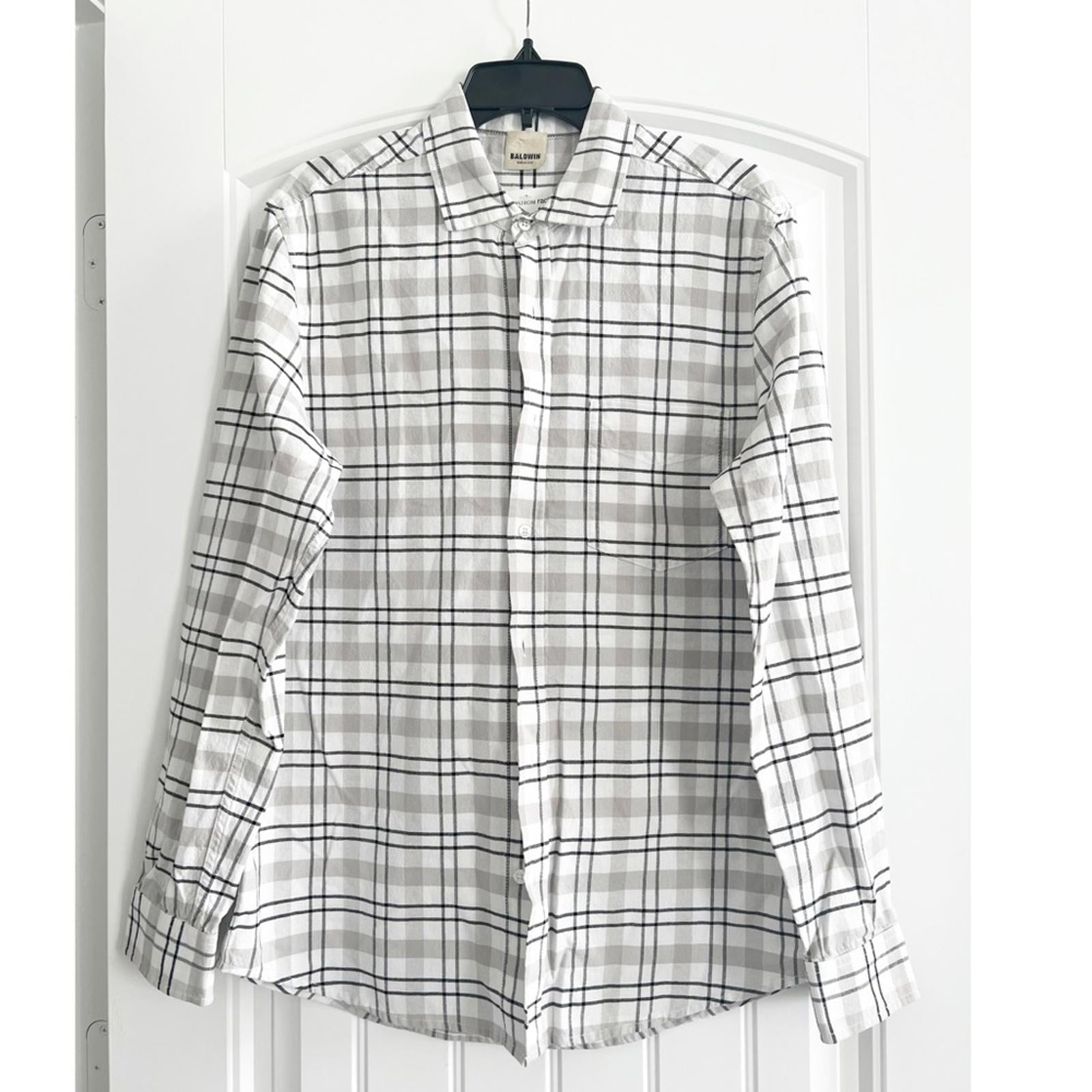 Baldwin Kansas City Cotton Plaid Button Up Shirt, White Grey NWT Retail $195