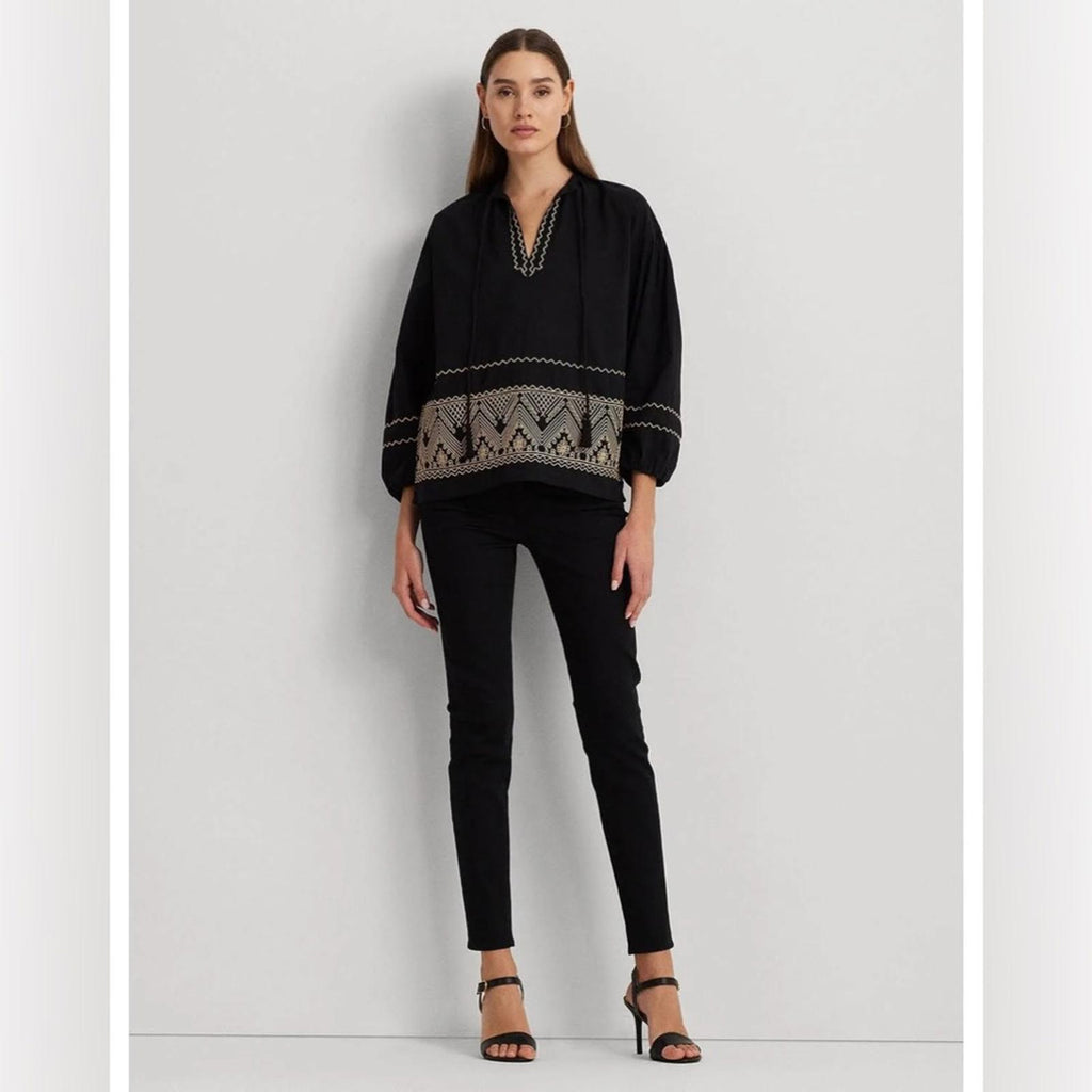 Lauren Ralph Lauren V-Neck Bishop Sleeves Pullover Top in Black Size S NWT