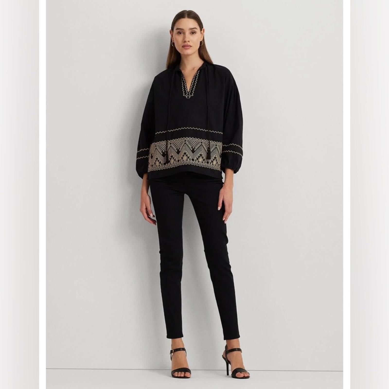 Lauren Ralph Lauren V-Neck Bishop Sleeves Pullover Top in Black Size S NWT