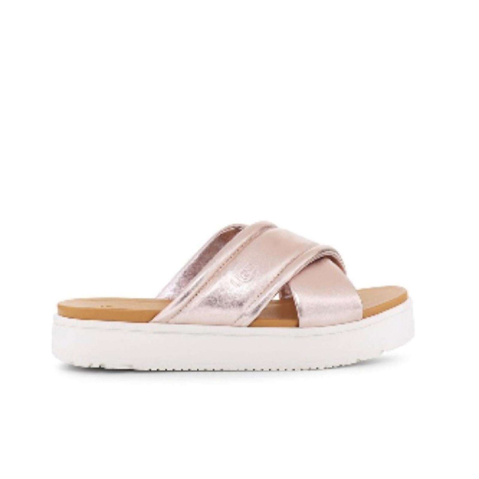 UGG Zayne Leather Platform Sandals, Metallic Blush & White Size 6 New w/o Box