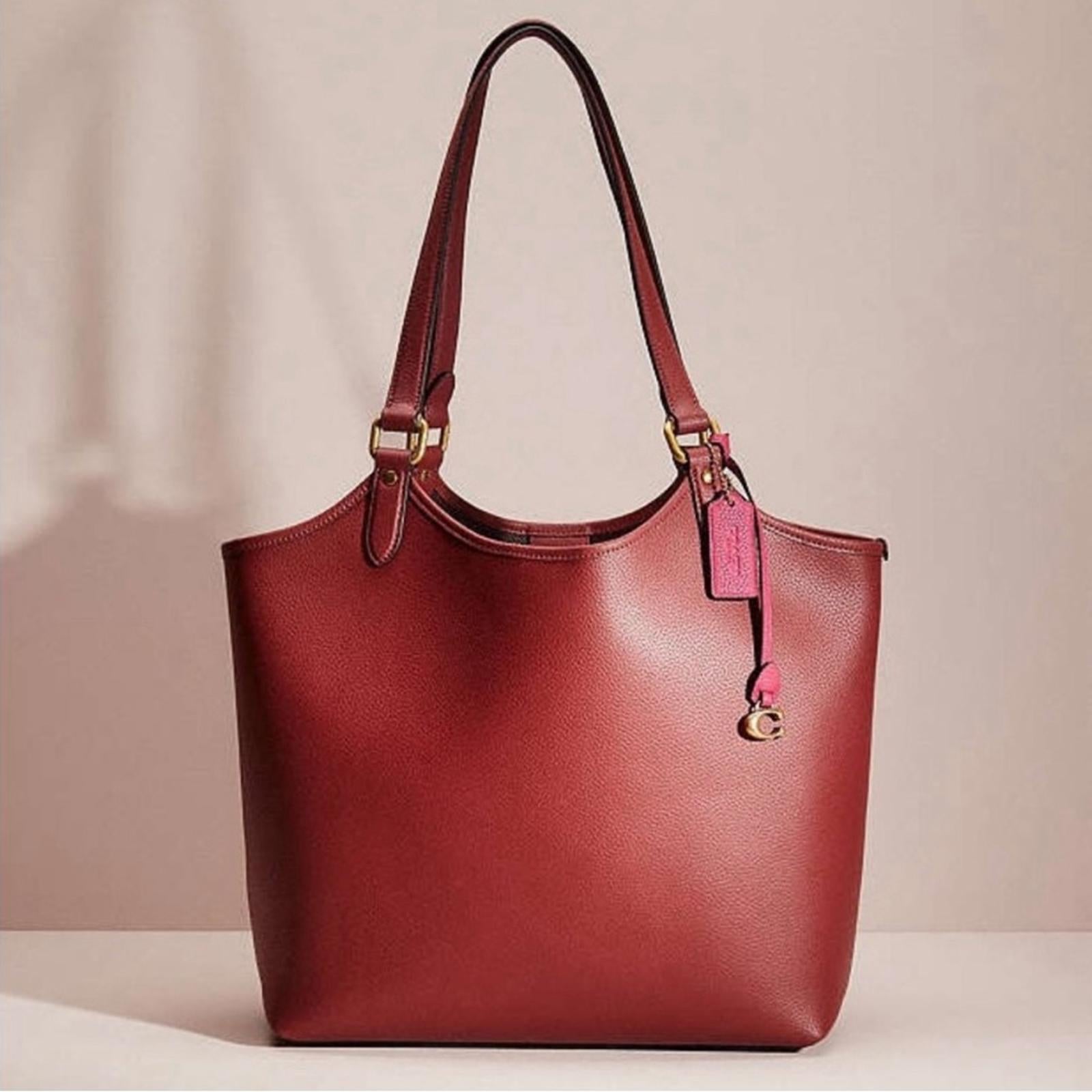 COACH Polished Pebble Leather Restored Day Tote in Brass/Brick Red, New +DustBag