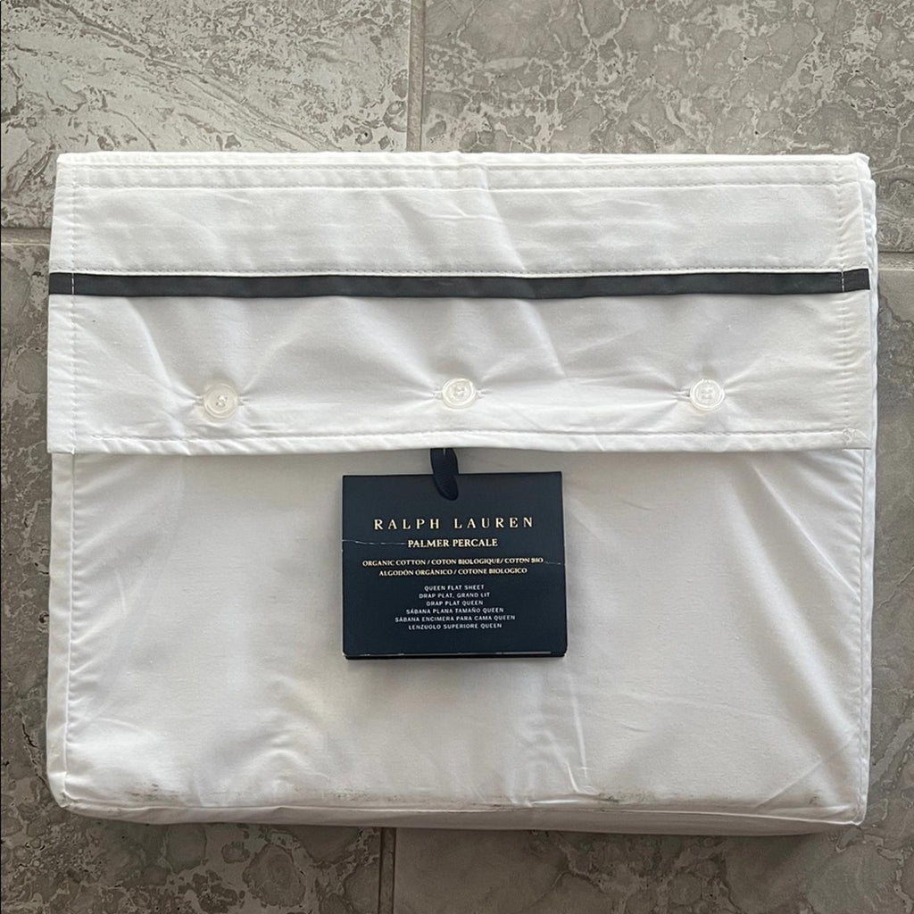 Ralph Lauren Home Organic Cotton Percale Palmer Queen Flat Sheet, Loft Gray, NEW