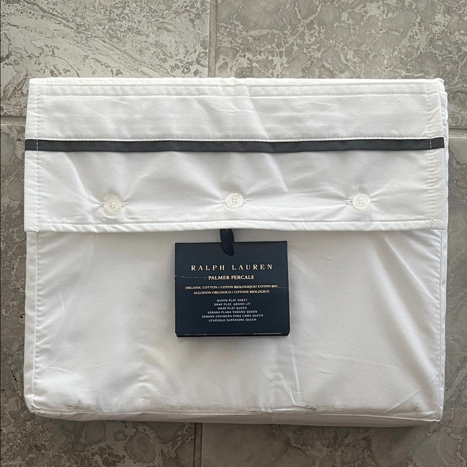 Ralph Lauren Home Organic Cotton Percale Palmer Queen Flat Sheet, Loft Gray, NEW