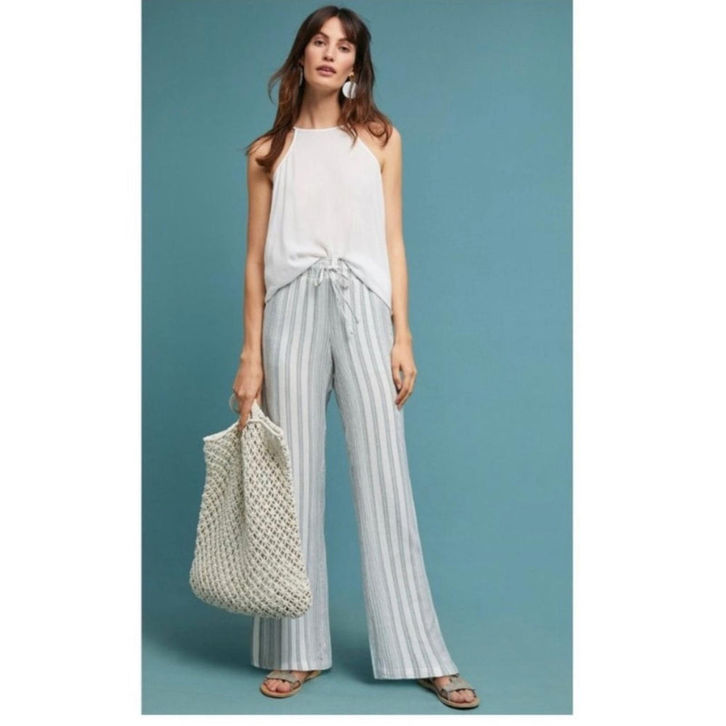 Anthropologie’s Cloth & Stone Linen Wide Leg Pants Blue & Cream Size M New w/Tag
