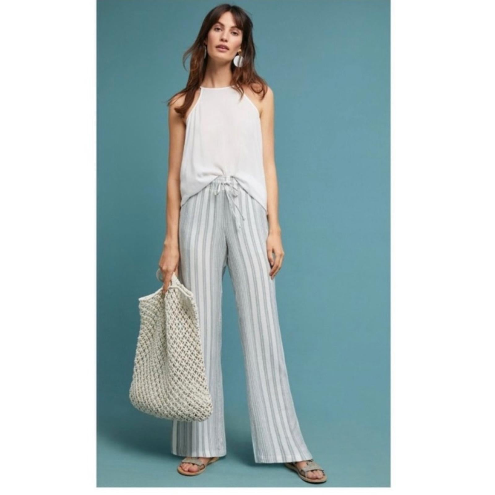 Anthropologie’s Cloth & Stone Linen Wide Leg Pants Blue & Cream Size M New w/Tag