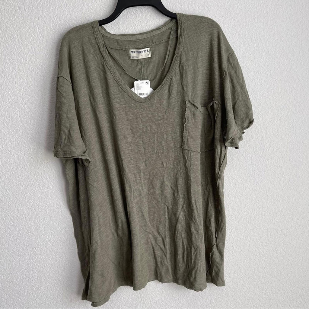 Free People Slouchy V-neck T-shirt in Khaki, Size M NEW w/Tag