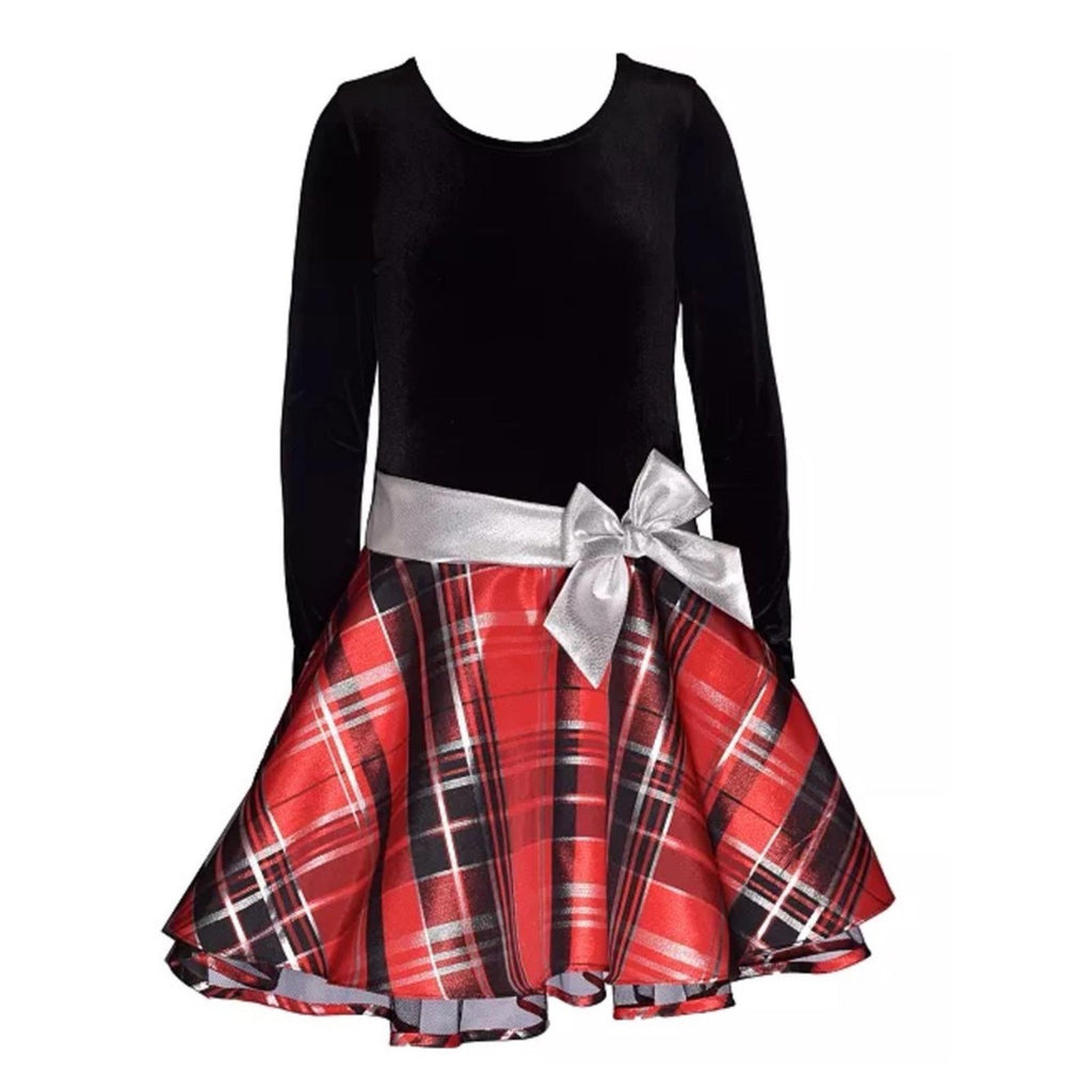 Bonnie Jean Long Sleeve Velvet Bodice w/Plaid Skirt Dress, Red Black 2/2T NEW