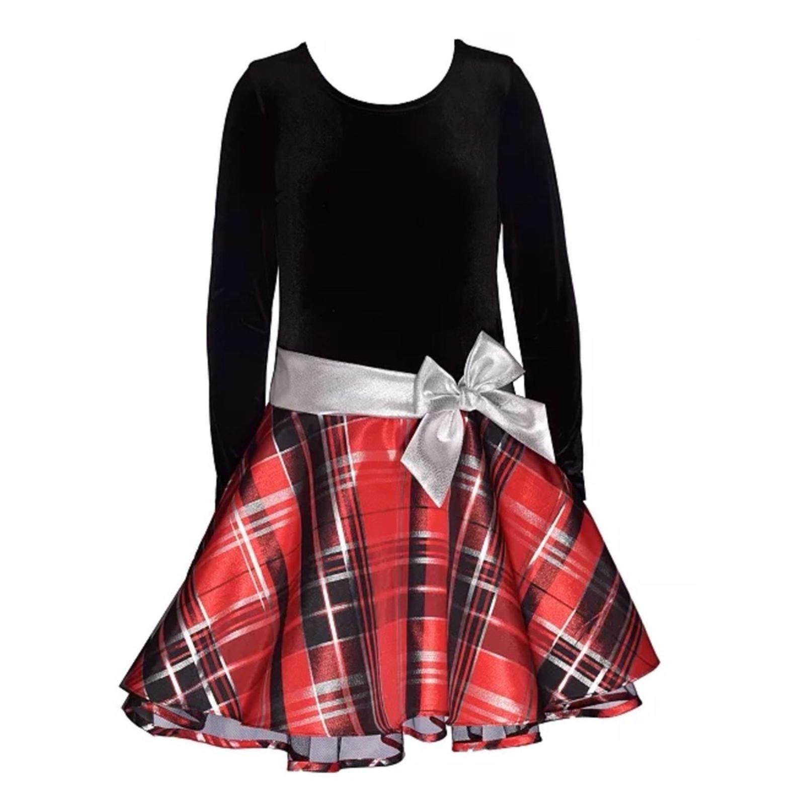 Bonnie Jean Long Sleeve Velvet Bodice w/Plaid Skirt Dress, Red Black 2/2T NEW