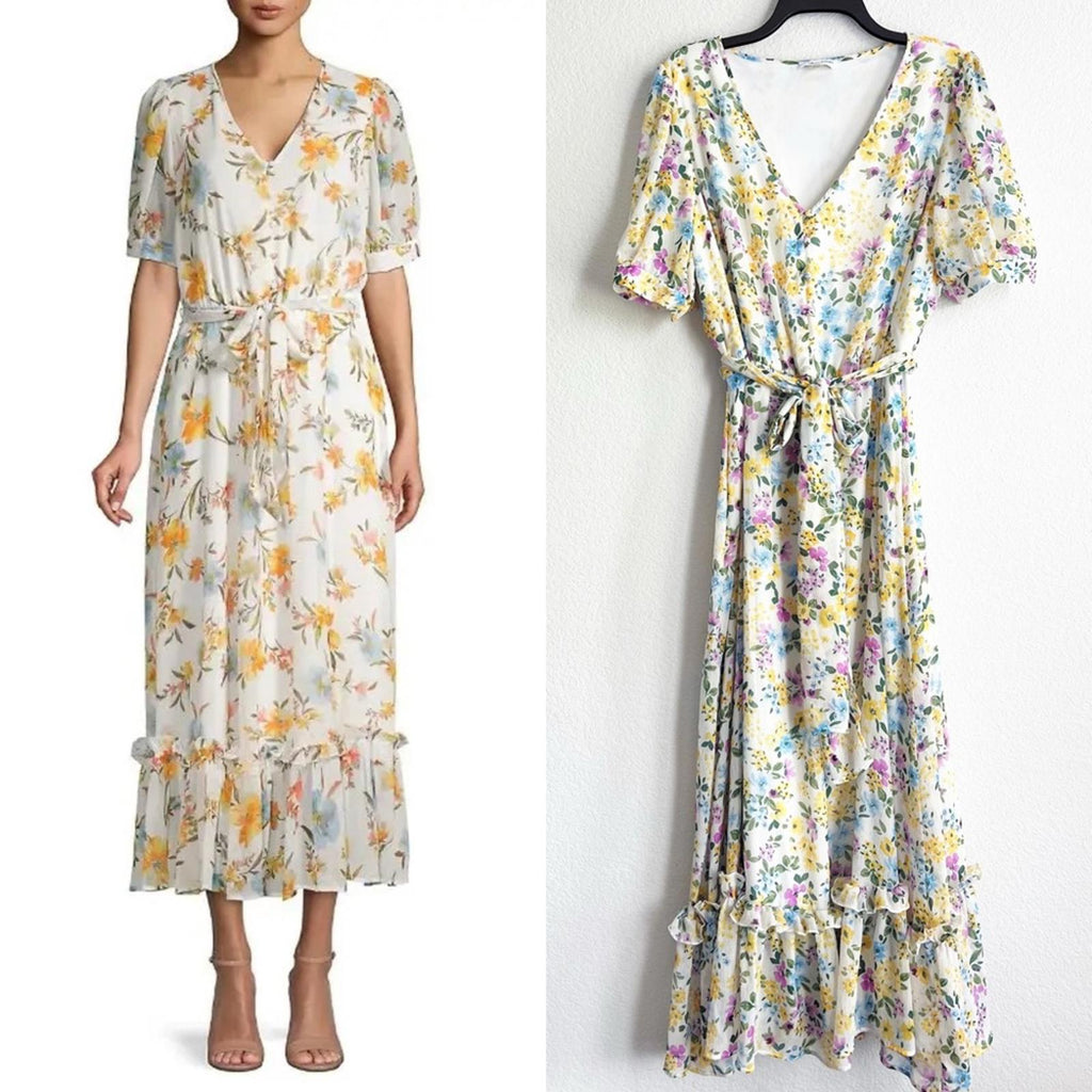 Calvin Klein Floral Chiffon Peasant Maxi Dress, Size 16 EXCELLENT Retail $139