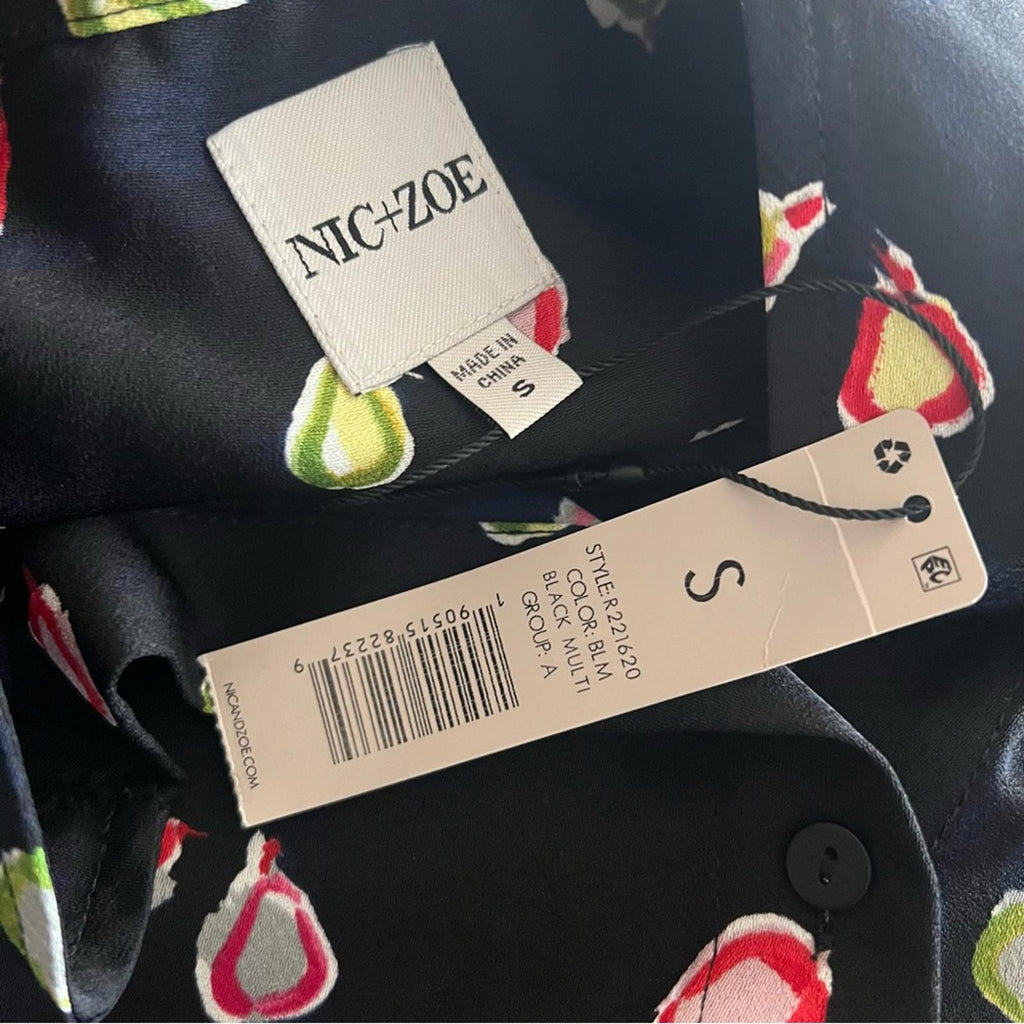 Nic+Zoe Party Pears Button Front Top, Black Mul Size S New w/Tag Retail $148