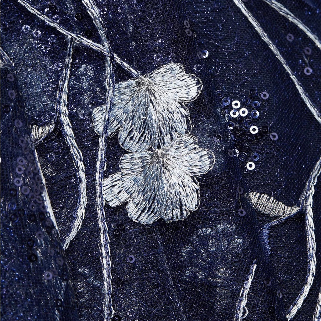 Teri Jon Embroidered Mesh Gown in Navy/Silver, NWT, Size 16