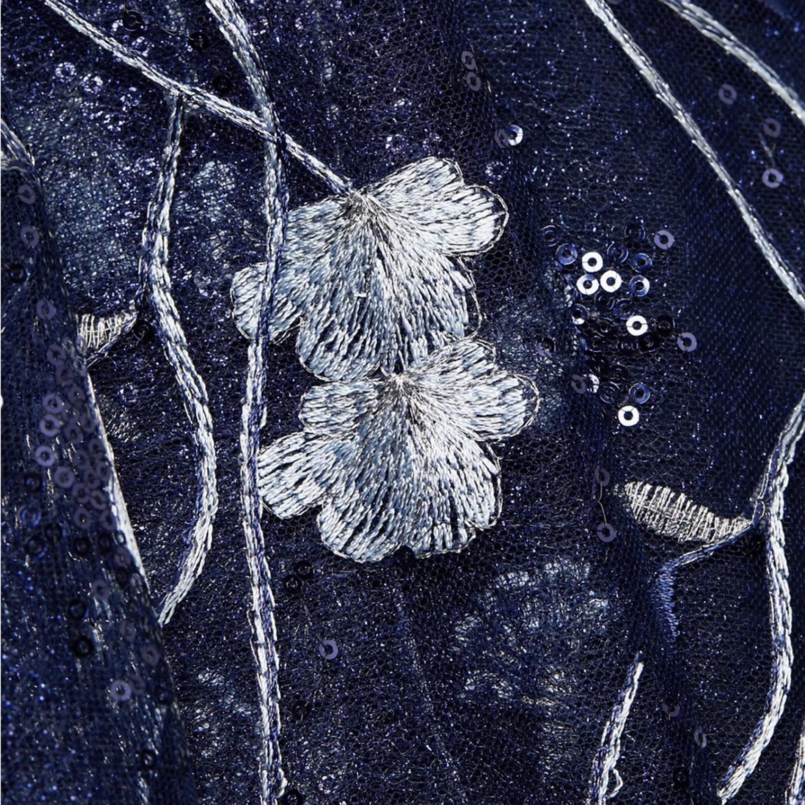 Teri Jon Embroidered Mesh Gown in Navy/Silver, NWT, Size 16
