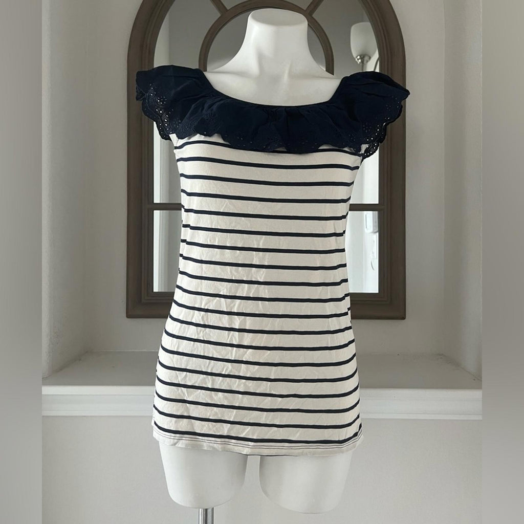 Lauren Ralph Lauren Striped Eyelet Ruffle Top, Cap Sleeve Round Neck Size XL NWT