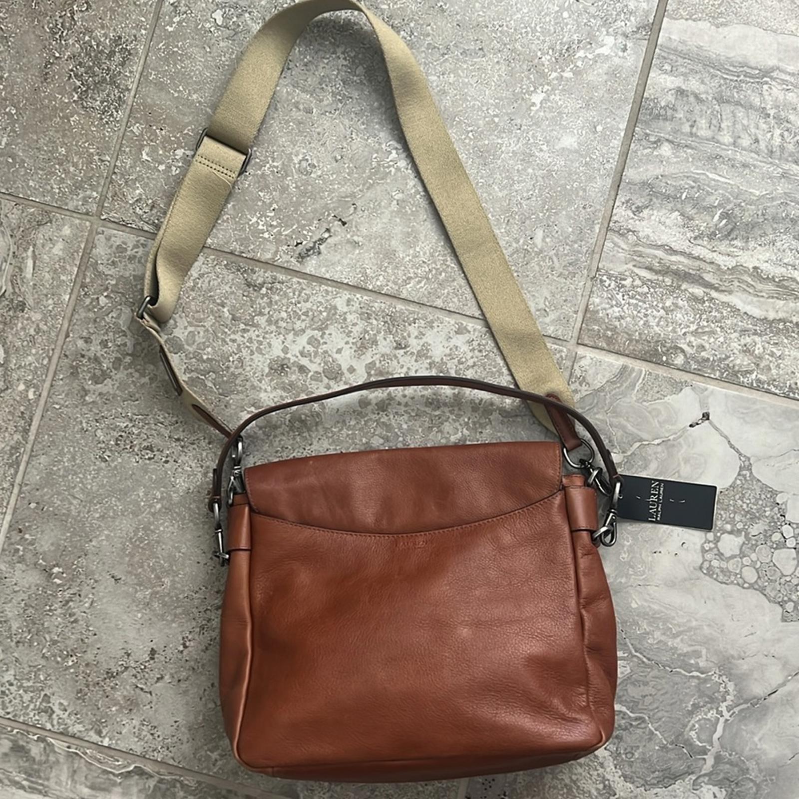 Ralph Lauren Studded Leather Noa Crossbody with Front Pockets, Brown, New w/Tag