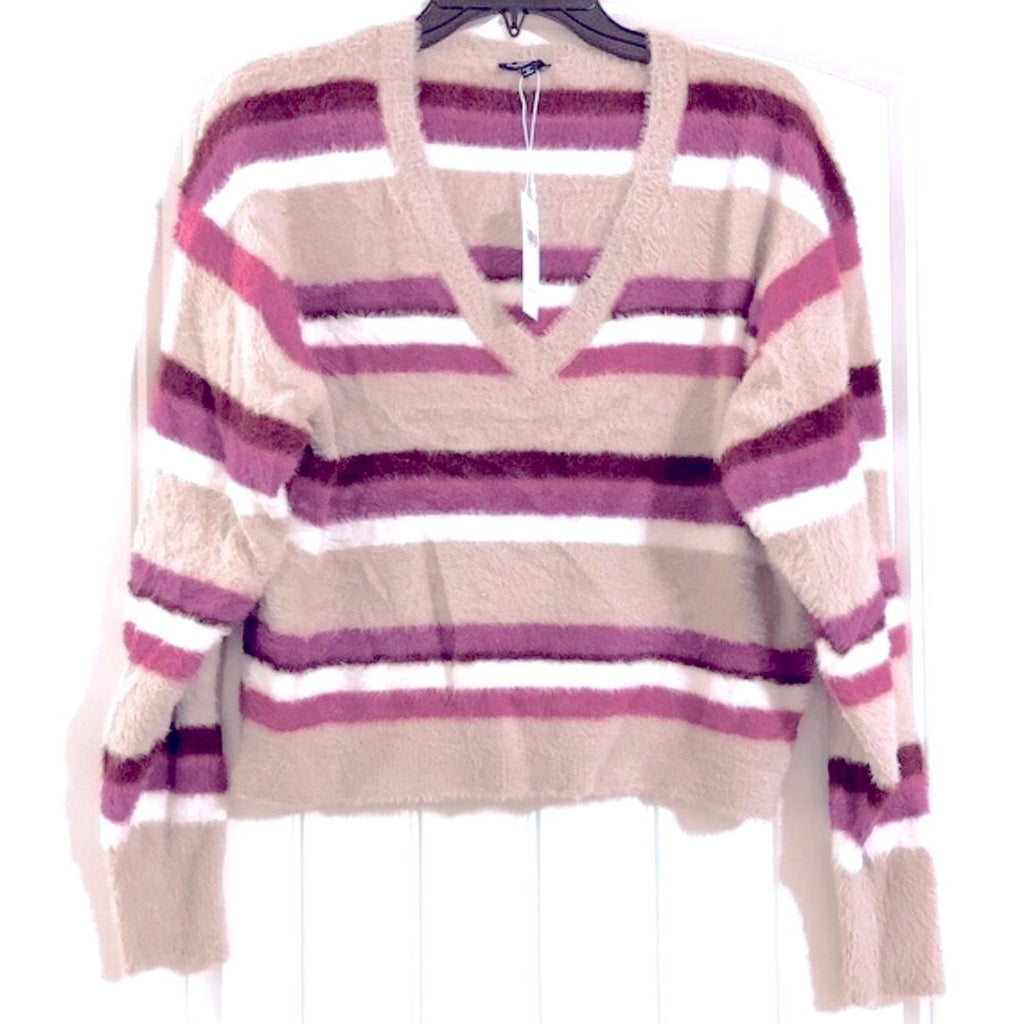 Splendid Striped Plush V-Neck Sweater in Lilac Burgundy, Size M New w/Tag