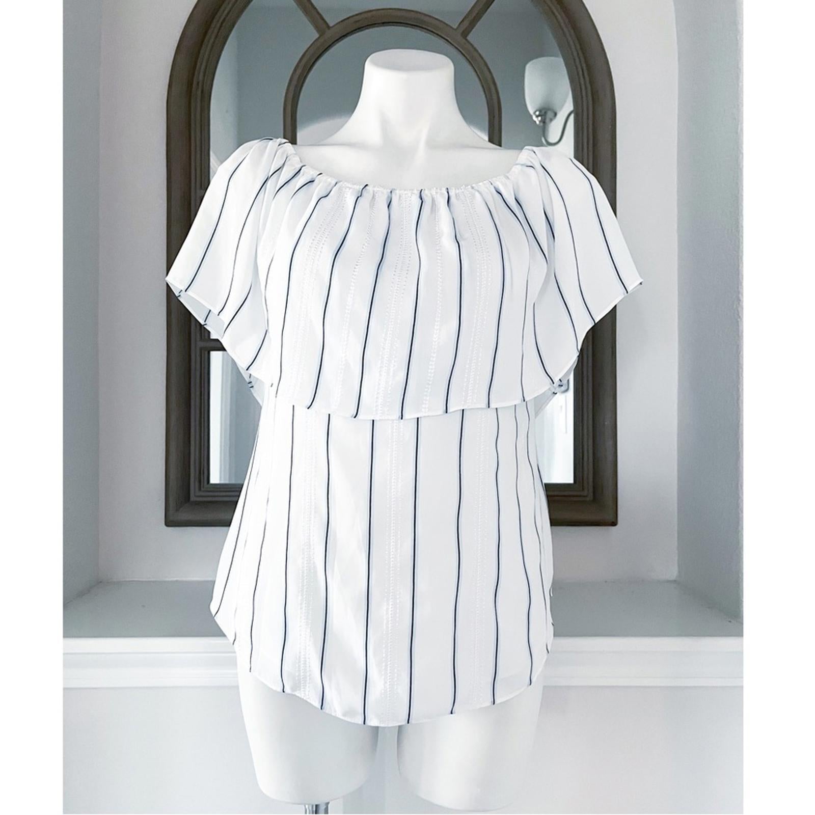 WHBM Off-The-Shoulder Stripe Blouse, White Blue Size XS Retail $99