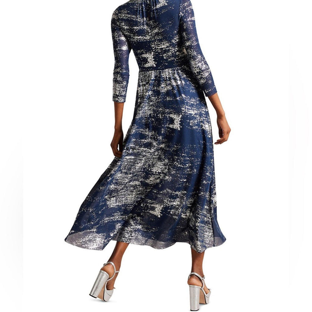 TED BAKER Iggiey Metallic Burnout Midi Dress, 3/4 Sleeves Navy Size 4 US 10 NWT