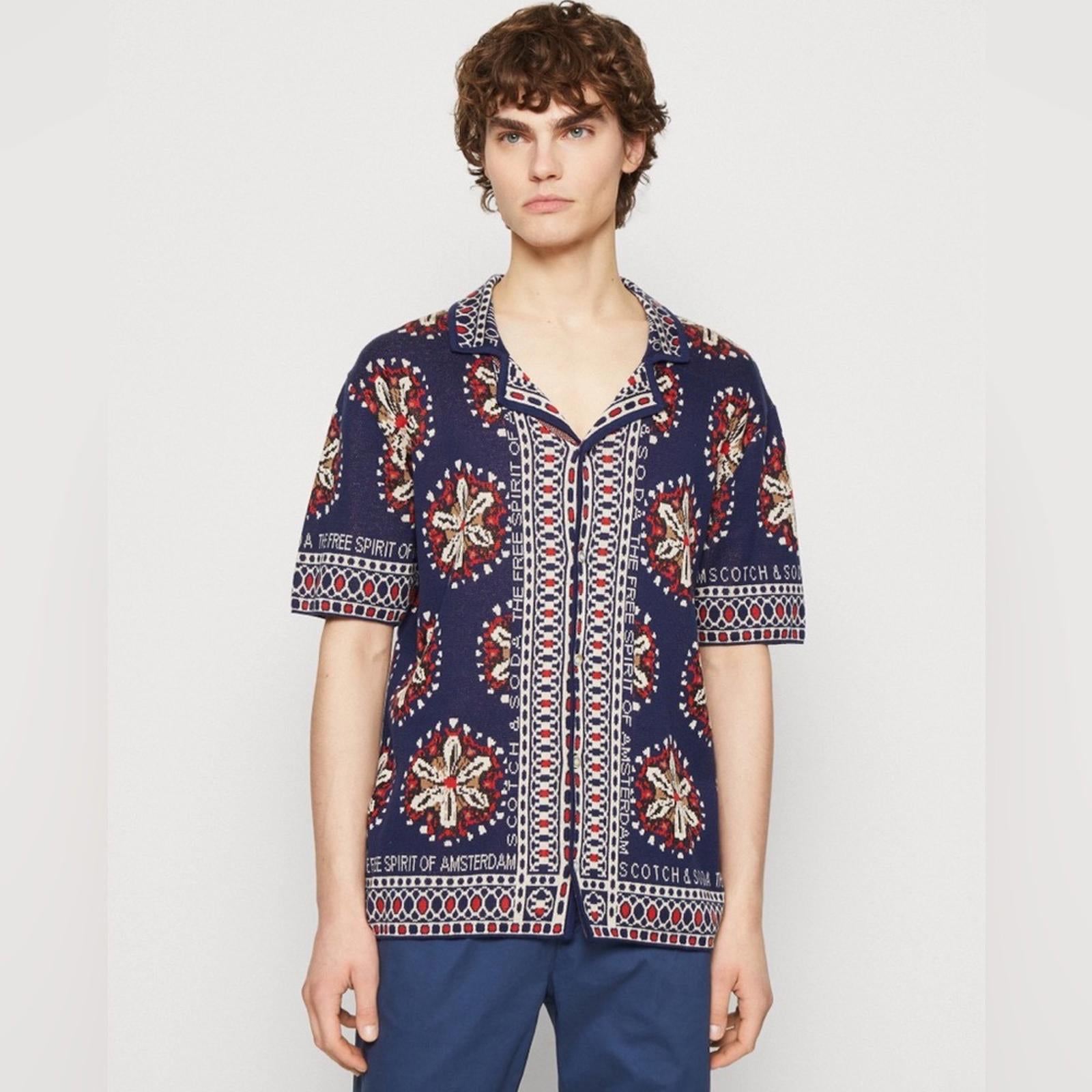 Scotch & Soda Jacquard Short-Sleeve Camp Shirt Textured Pattern Size L New w/Tag