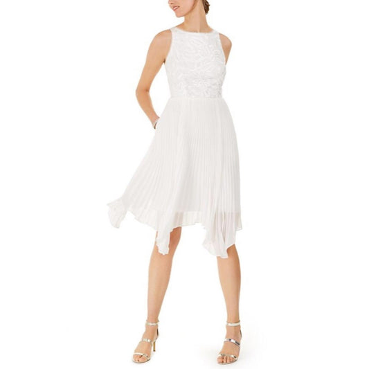 Adrianna Papell Pleated Short Cocktail Midi Dress in Ivory, Size 10 New w/Tag