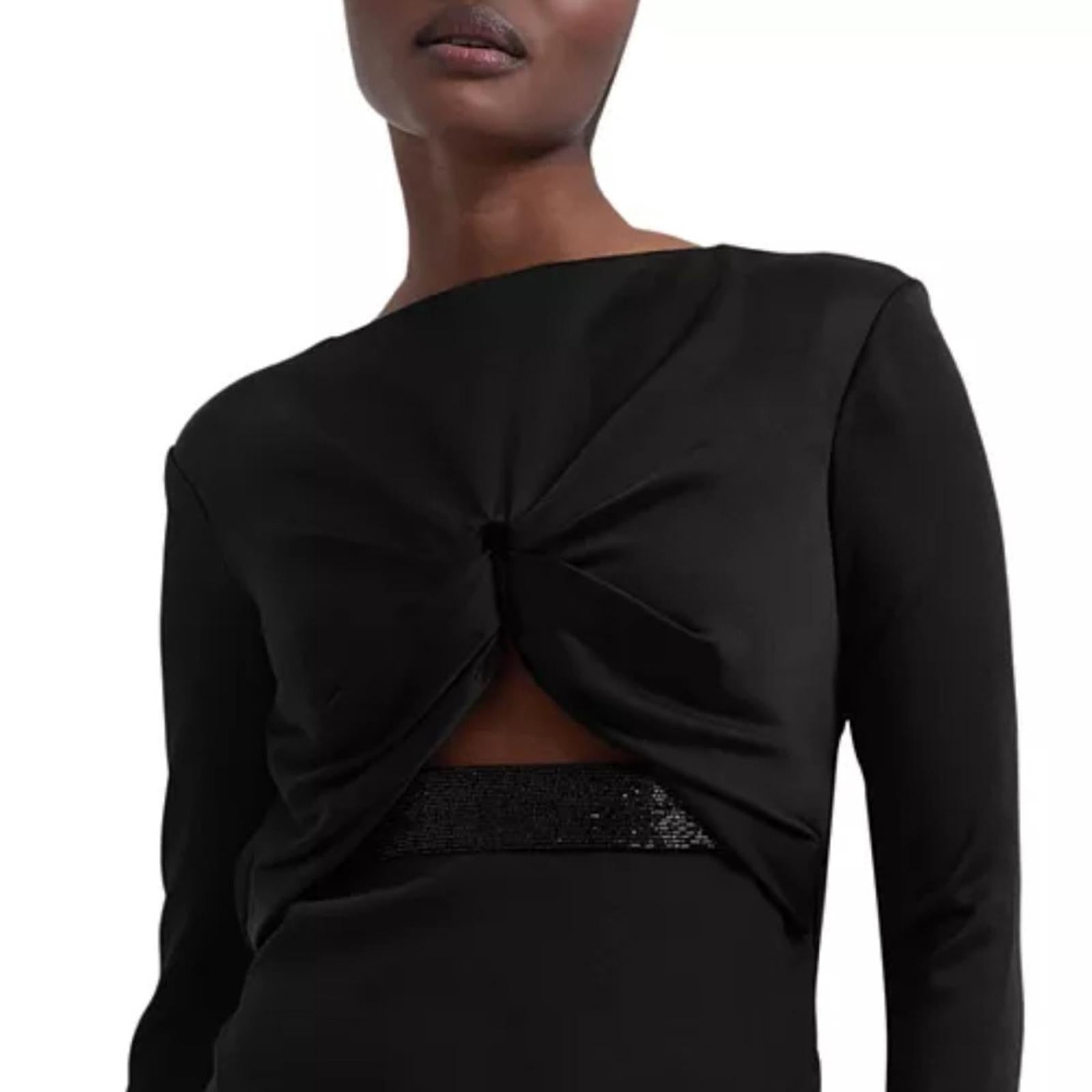 Safiyaa BLACK Cutout Beaded Belt Gown with Gun Metal New