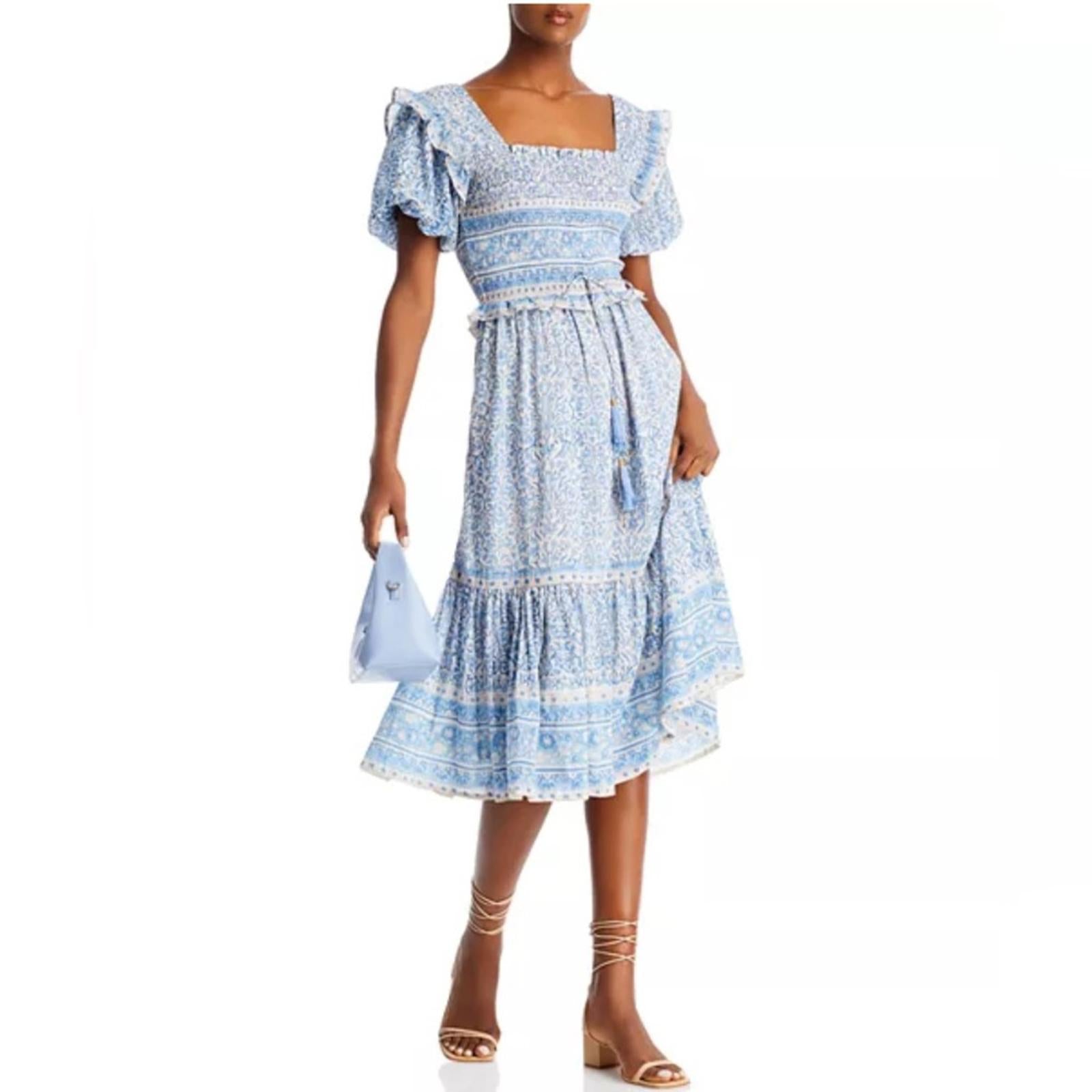 Bell Ashley Ruffled Puff Sleeve Midi Dress in Blue White, Size XL New w/Tag $408