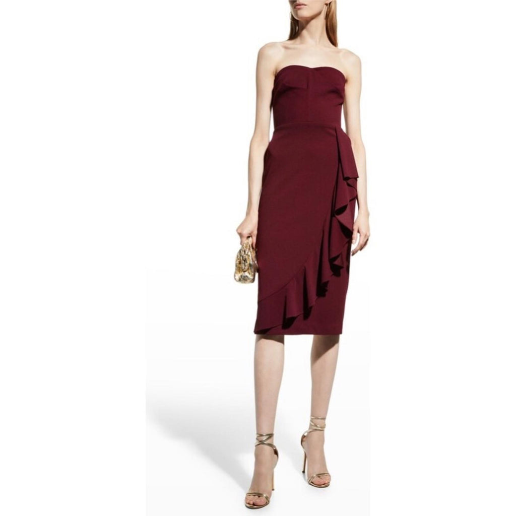 Dress the Population Liv Strapless Ruffled Dress, Burgundy Size S New w/Tag