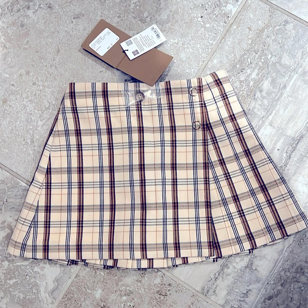 Burberry Kids Beige Check Logo Print Lianne Pleated Skirt, Size 4Y New w/Tag